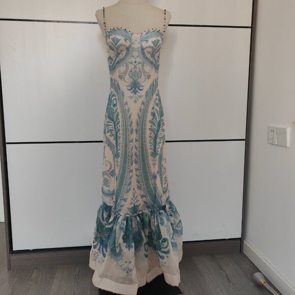 Zimmerman blue polka dot corduroy ultra-long dress with straps as evening gown - Picture 2 of 11
